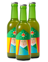 緑色の瓶に着物の女性がシンプルなタッチで描かれたビール
